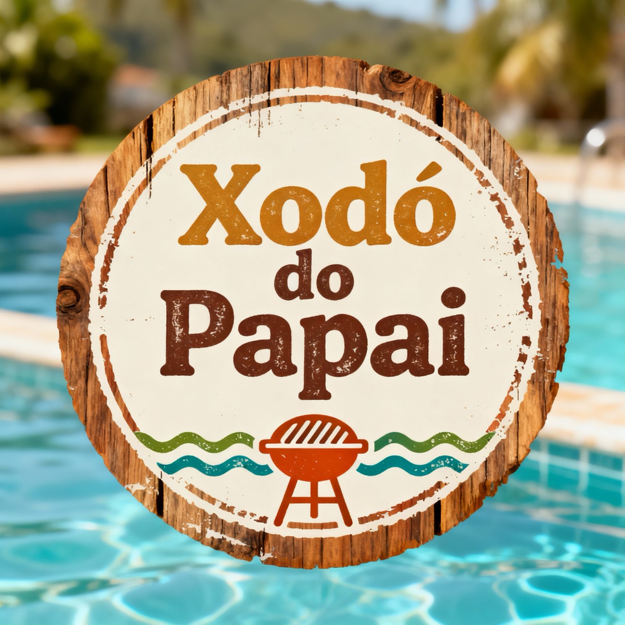 Marca Xodó do Papai em uma placa de madeira, com letras em ocre e marrom, ondas verdes e azul-piscina.